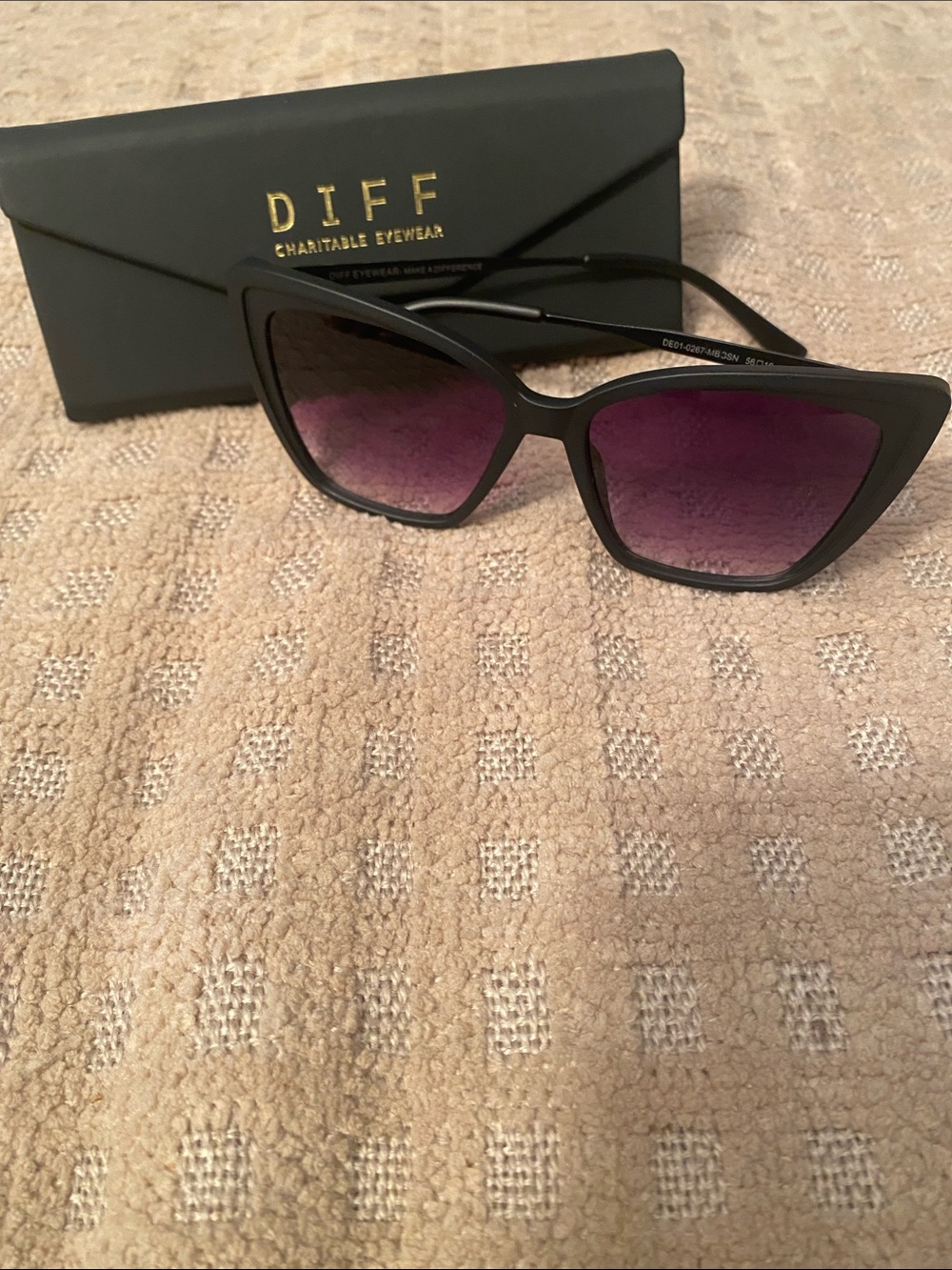 DIFF eyewear Black Cat Eye Sunglasses with Purple Gradient Lenses
